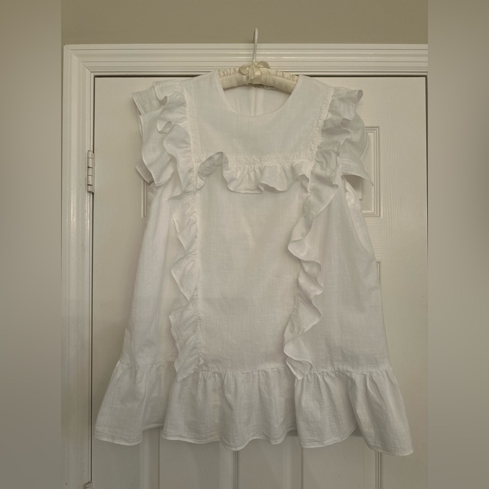Day + Moon Mini 100% Cotton Mini Dress Sleeveless Womens Sz M White Ruffle Lace - Picture 3 of 8